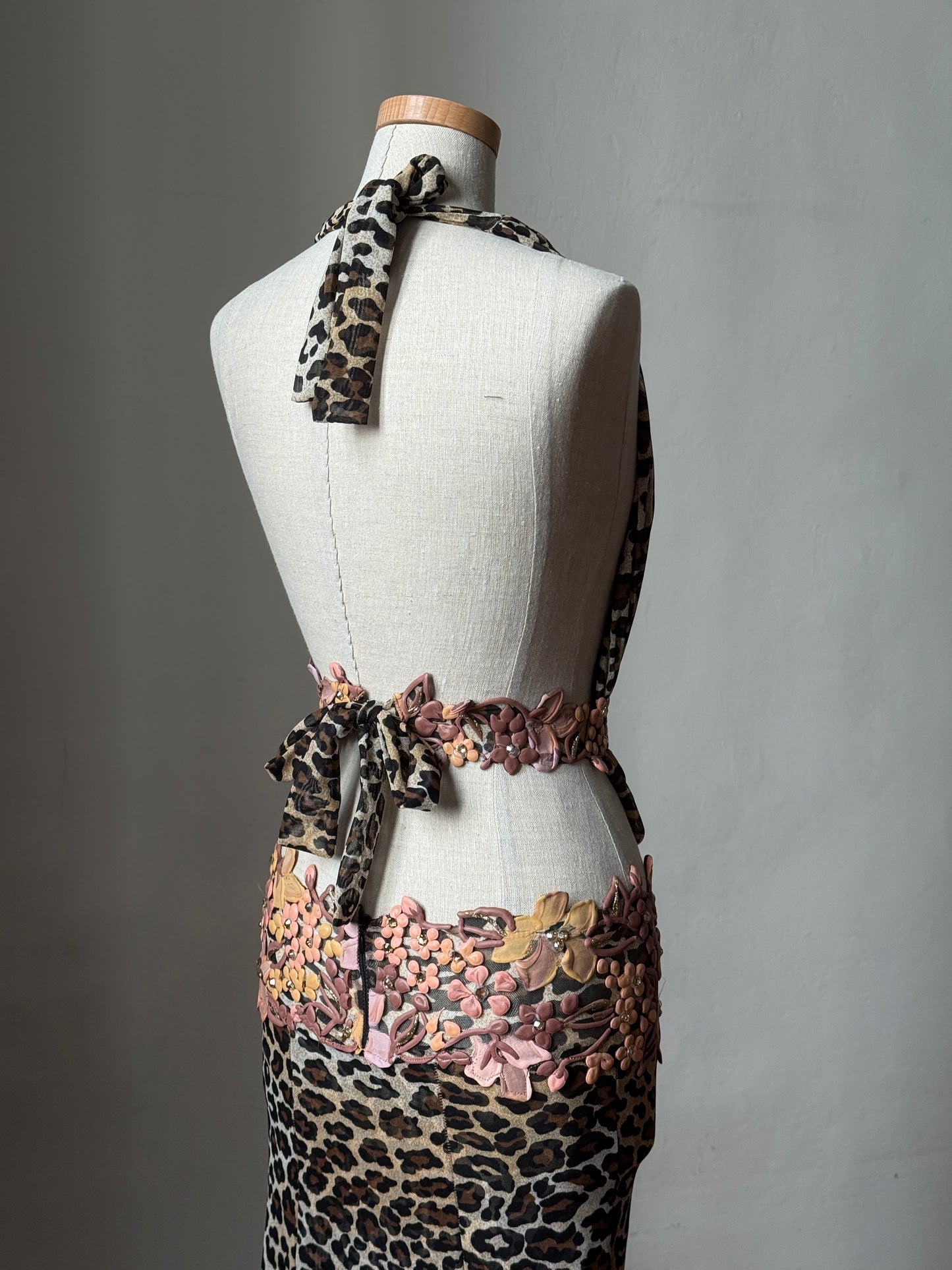 Ema Savahl Hand Painted Floral Appliqués Leopard Halter Neck Dress