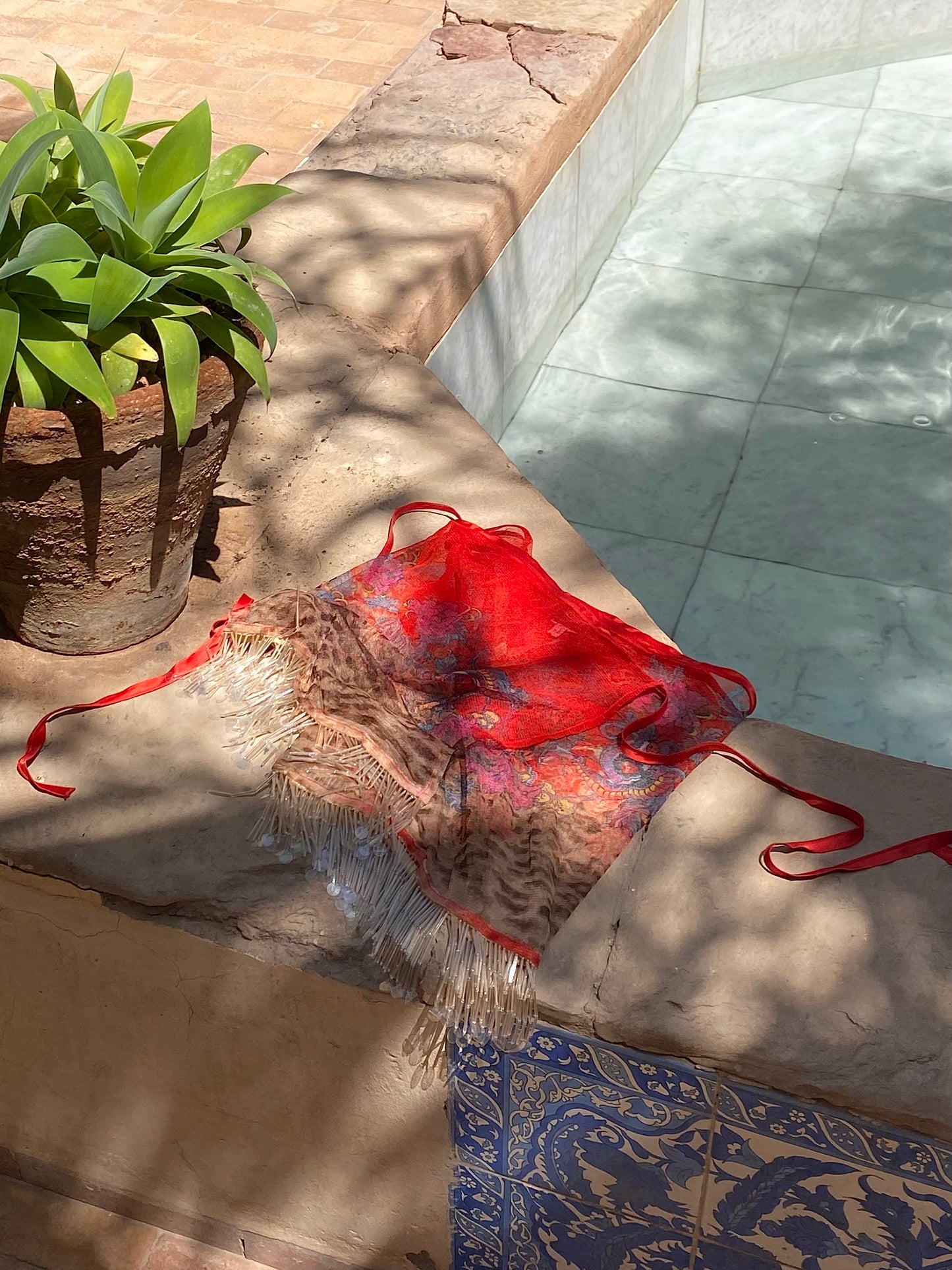 Just Cavalli Red Mesh Beaded Fringe Pareo