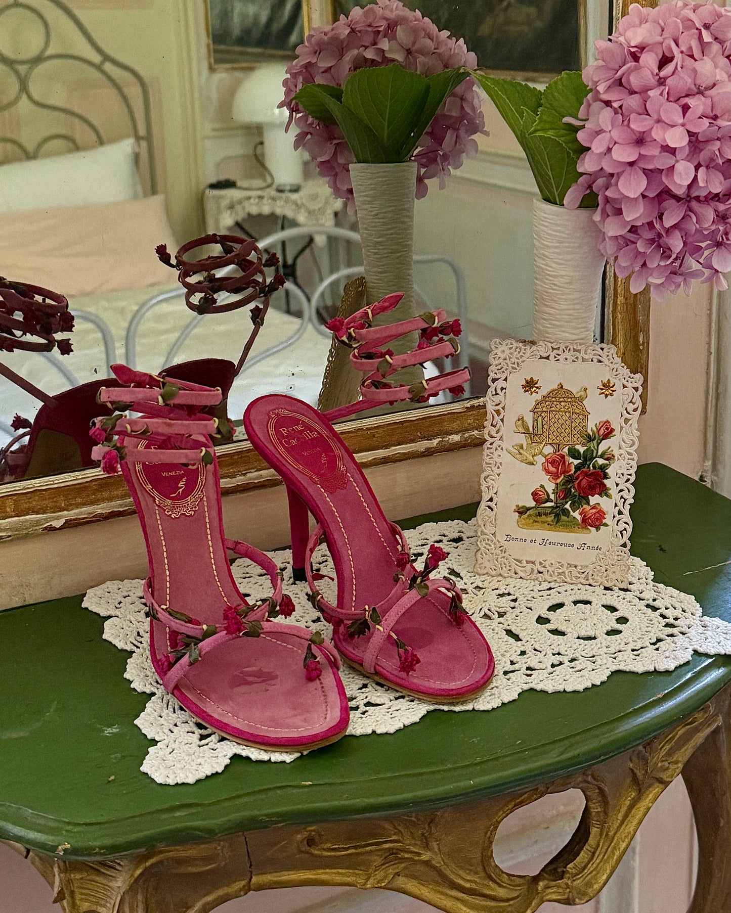 Rene Caovilla Ankle Wrapped Rosebud Heels