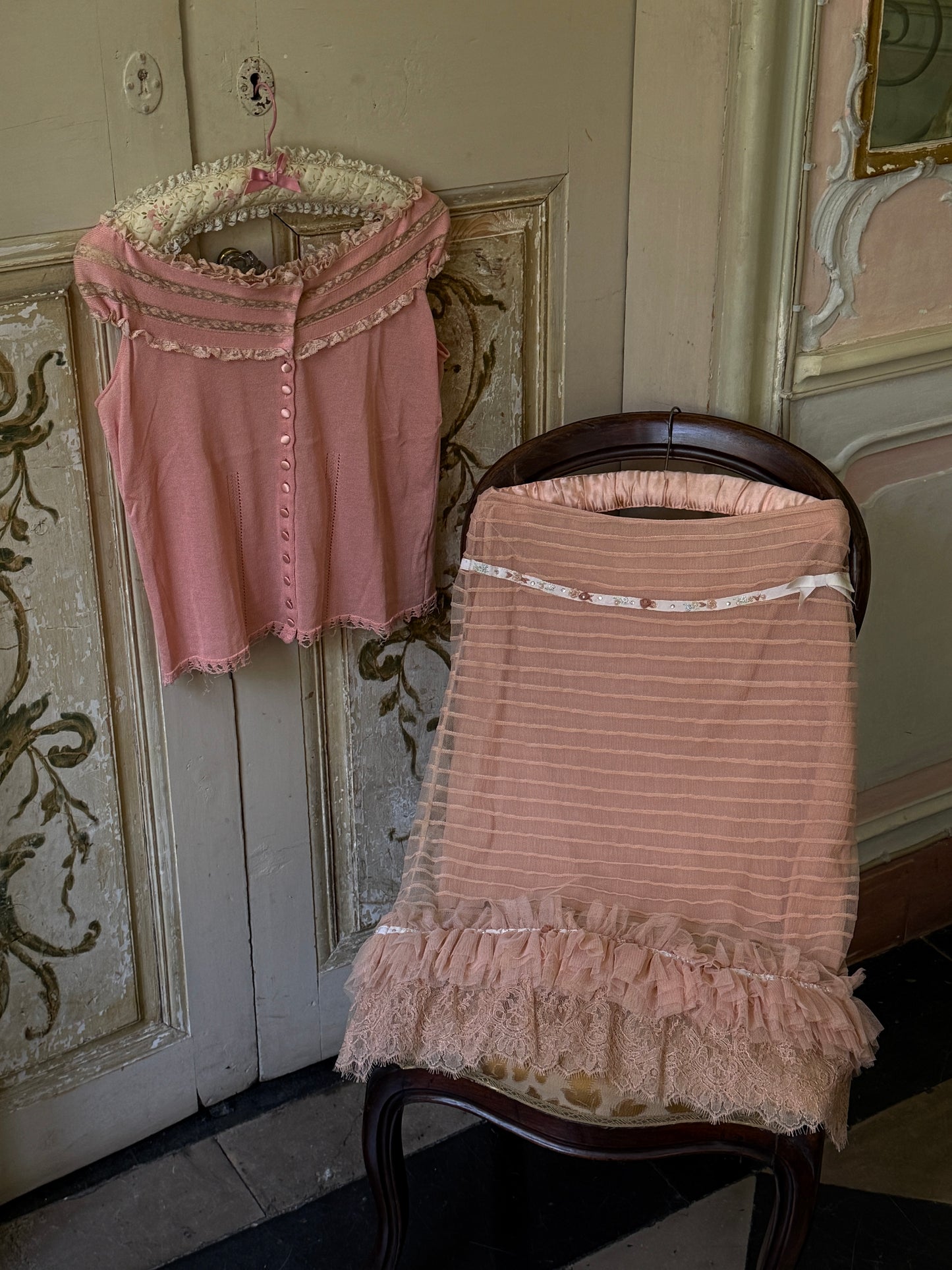 Blumarine 2004SS Pink Lace Top and Silk Chiffon Skirt