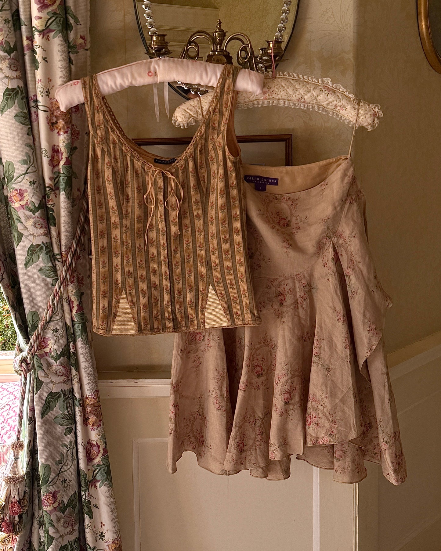 Ralph Lauren Dark Green Floral Corset Style Top & 2003SS Floral Taupe Ruffle Skirt