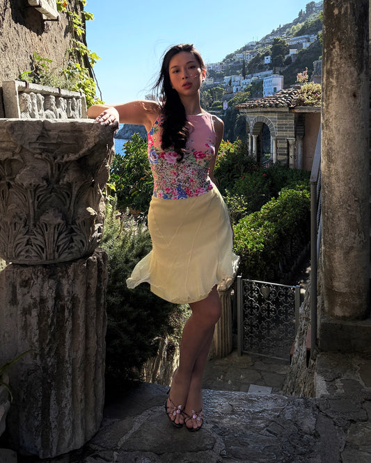 Blumarine 2005SS Leopard Floral Tank Top & Silk Chiffon Yellow Skirt