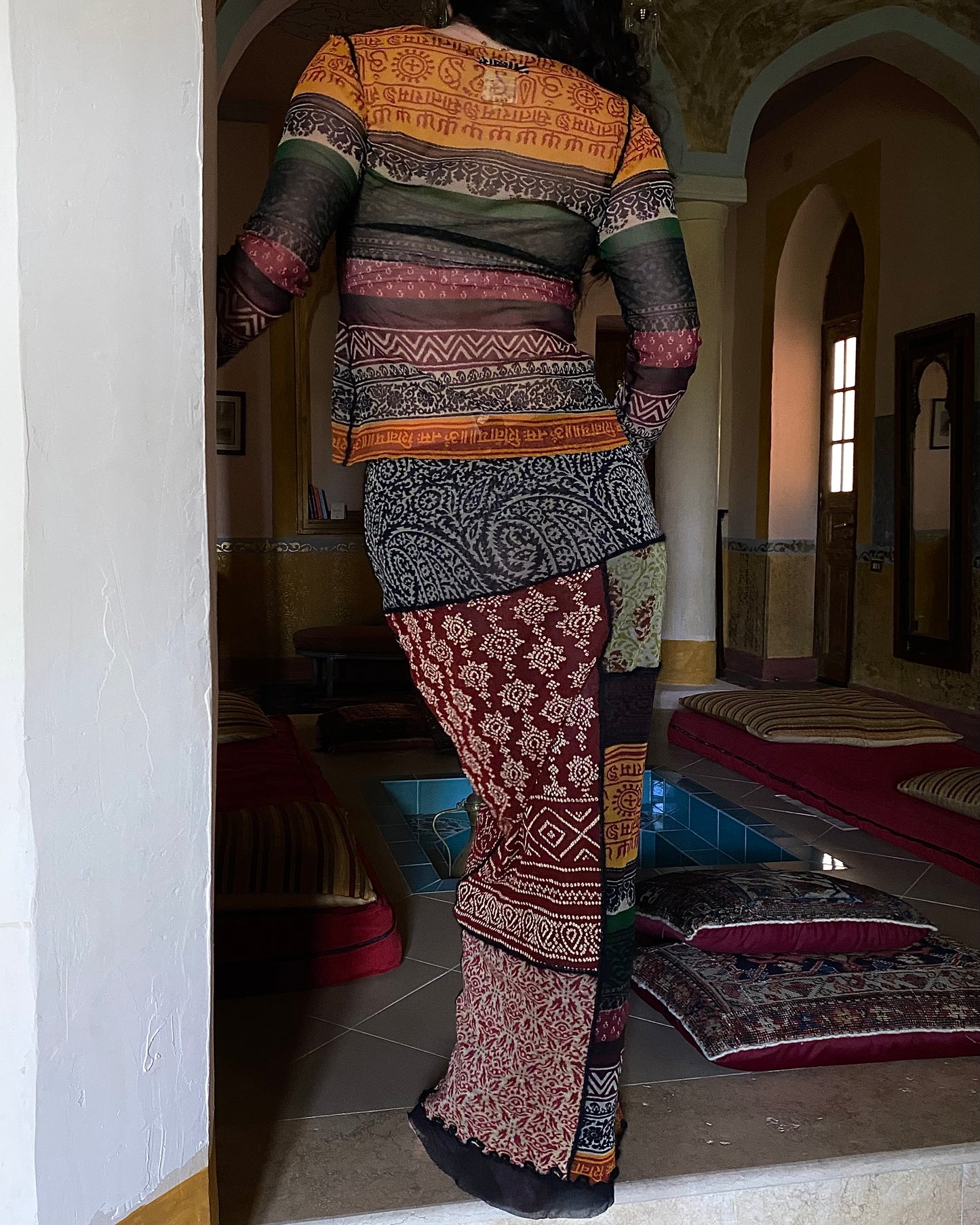 Jean Paul Gaultier 90s Sanskrit Print Mesh Top and Skirt Set