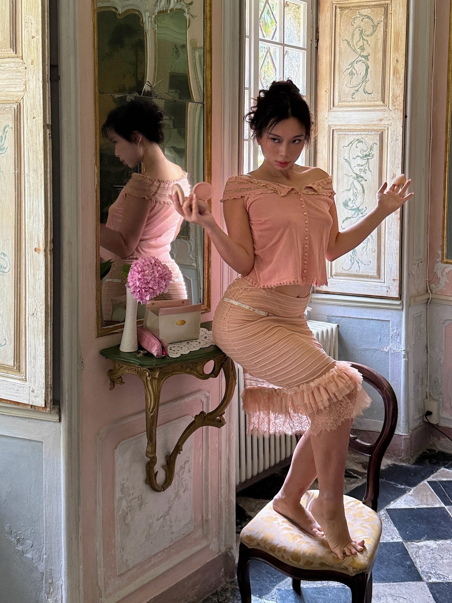 Blumarine 2004SS Pink Lace Top and Silk Chiffon Skirt