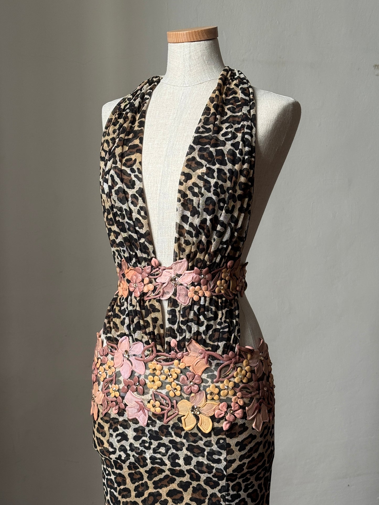 Ema Savahl Hand Painted Floral Appliqués Leopard Halter Neck Dress