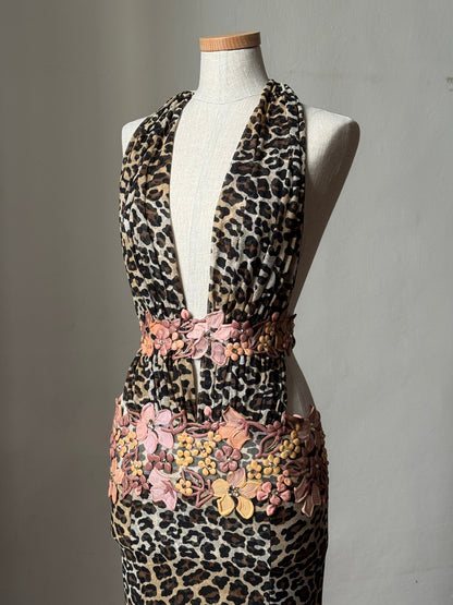 Ema Savahl Hand Painted Floral Appliqués Leopard Halter Neck Dress