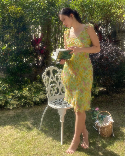 Vintage Green Floral Silk Dress