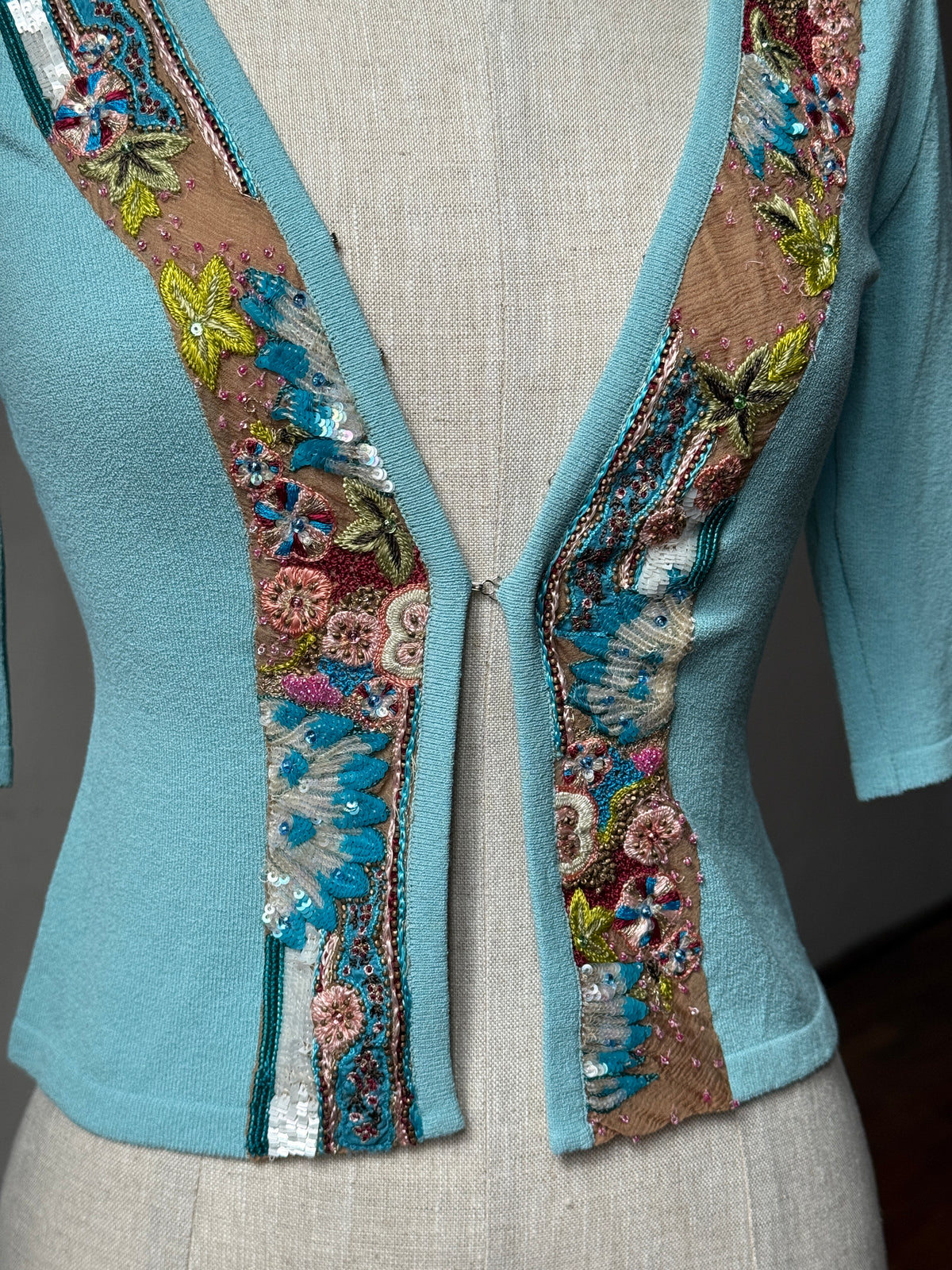 Blumarine 2003SS Sequinned Aquamarine Cardigan & Emanuel Ungaro early 2000s Japanese Floral Silk Skirt