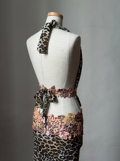 Ema Savahl Hand Painted Floral Appliqués Leopard Halter Neck Dress