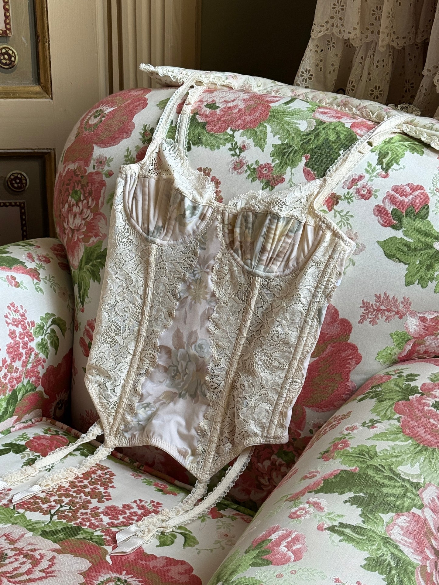La Perla 1990s Beige Floral Corset & Panty Ensemble