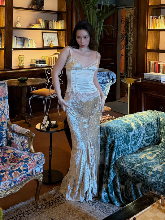 Dolce & Gabbana 2000s Silk Satin Corset Top & Ralph Lauren Velvet Lace Ruffle Skirt
