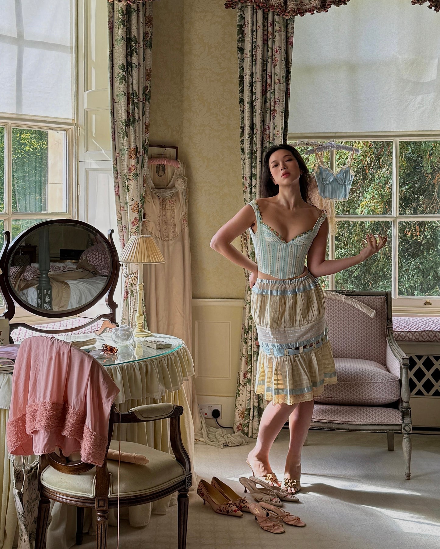 Moschino Cheap and Chic 2003SS Floral Embroidered Corset & Blumarine 2004SS Cream Ribboned Skirt