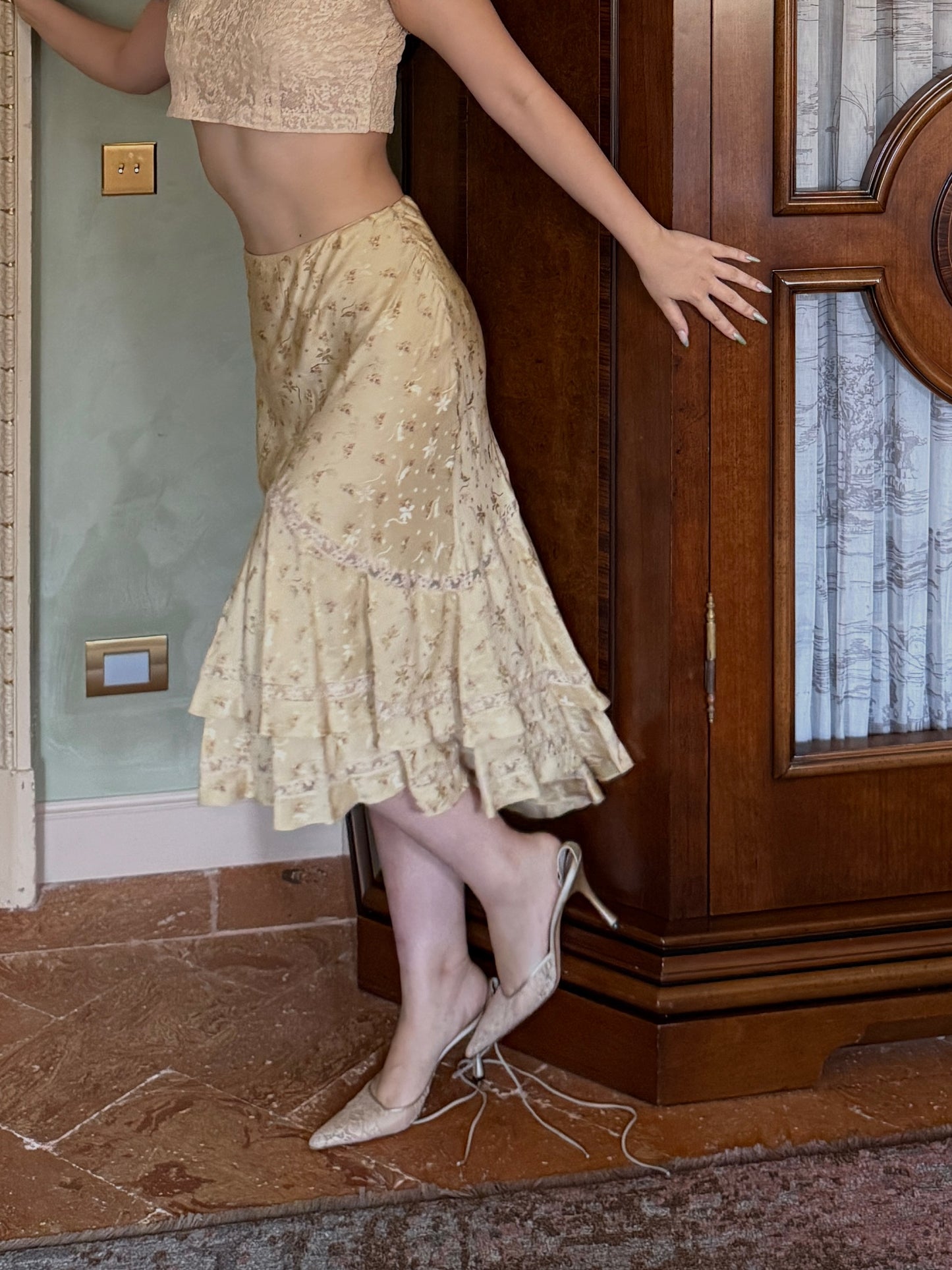 Ralph Lauren 2000s Satin Floral Lace Insert Skirt
