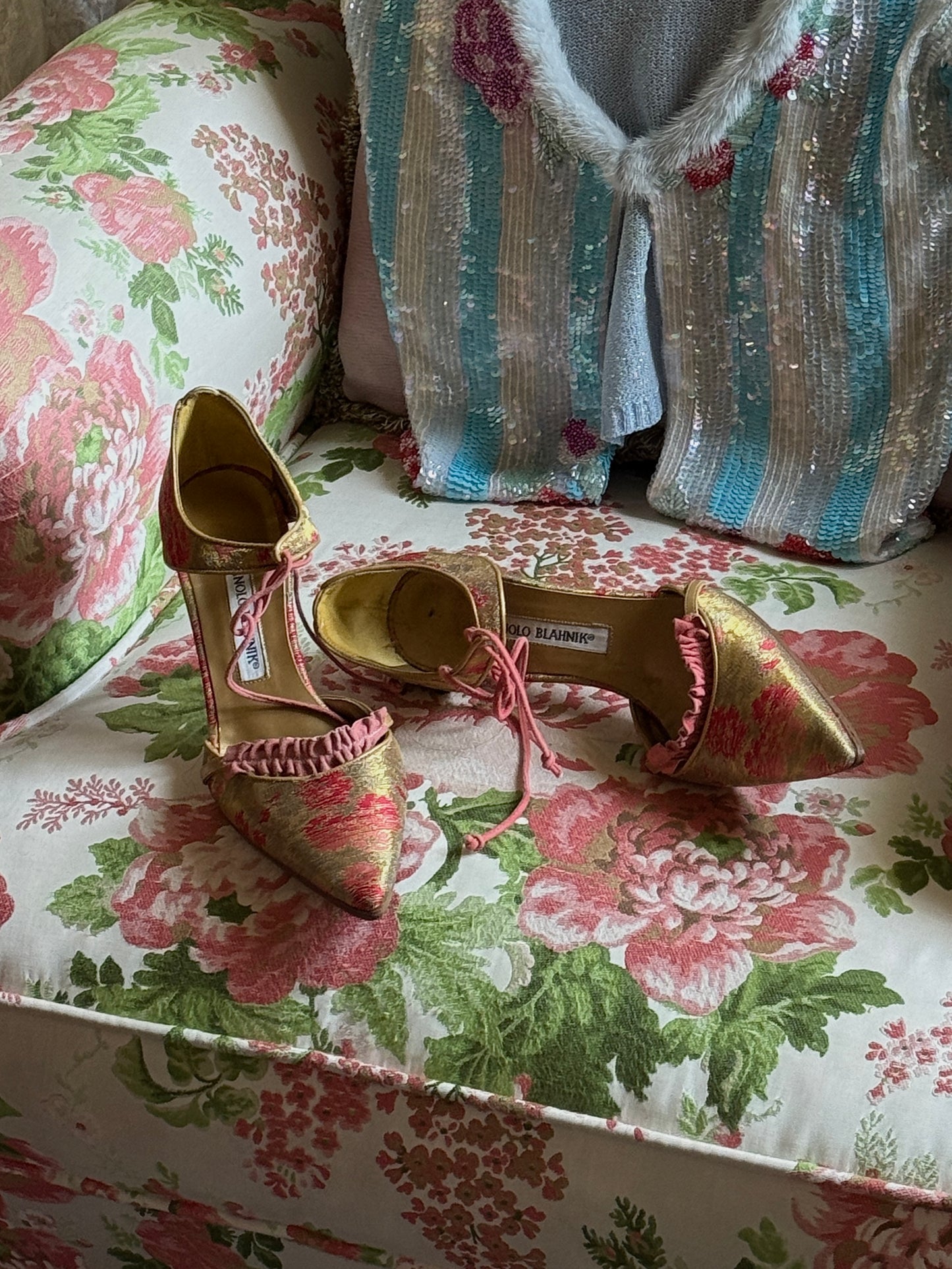 Manolo Blahnik Brocade Pumps with Ruffle Details