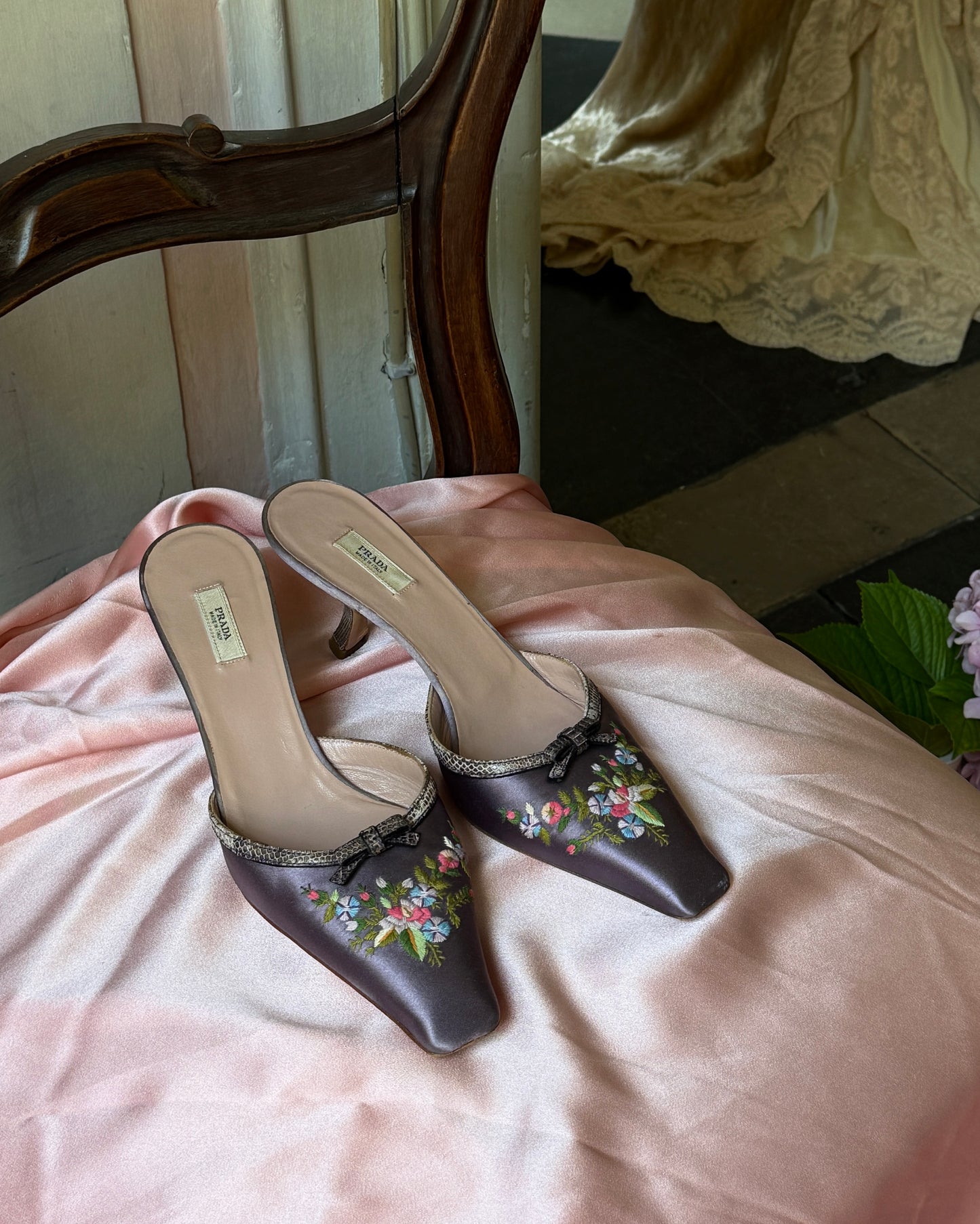 Prada Lilac Floral Mules