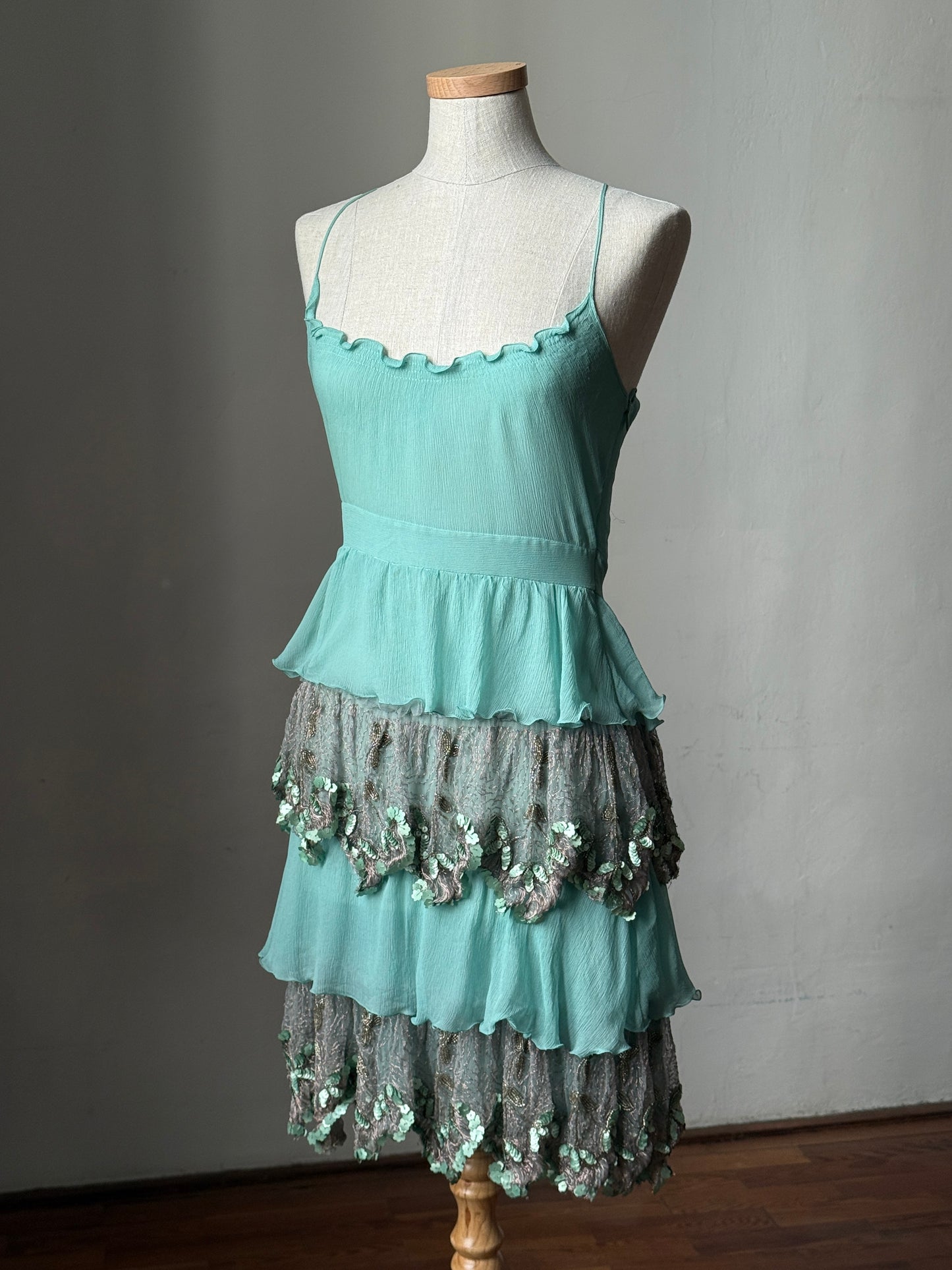 Blugirl Blumarine 2005SS Blue Silk Chiffon Dress with Pailettes