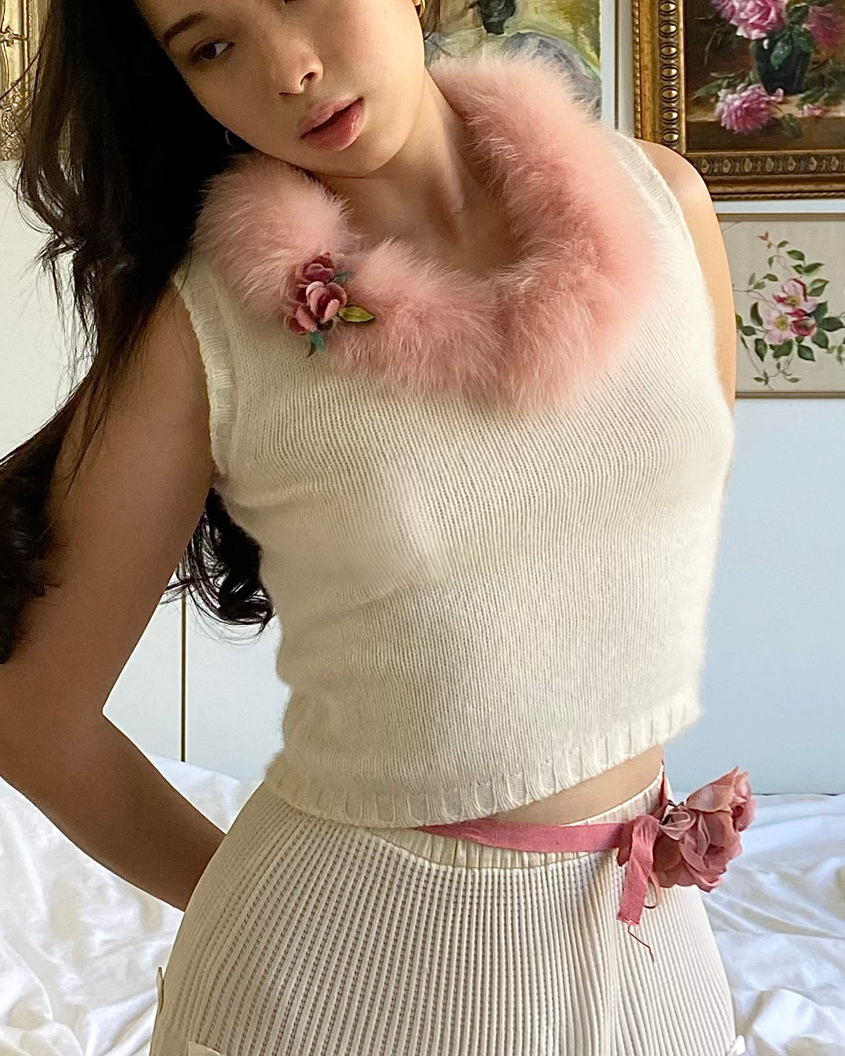 Blugirl Angora Jumper with Pink Fur and Floral Appliqué