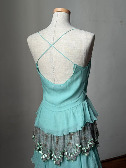 Blugirl Blumarine 2005SS Blue Silk Chiffon Dress with Pailettes