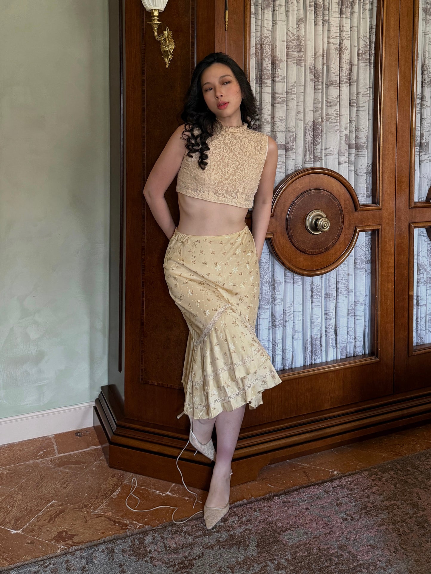 Ralph Lauren 2000s Satin Floral Lace Insert Skirt