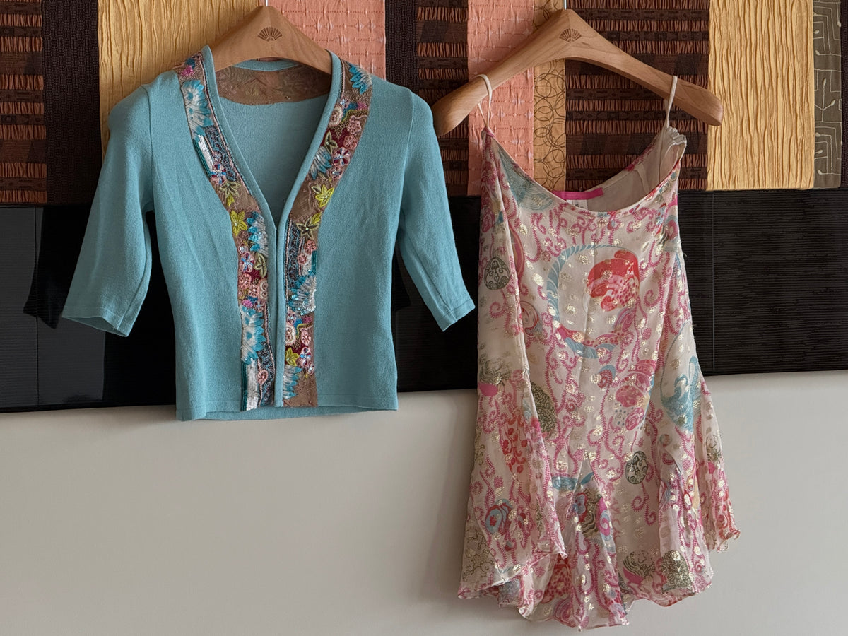 Blumarine 2003SS Sequinned Aquamarine Cardigan & Emanuel Ungaro early 2000s Japanese Floral Silk Skirt