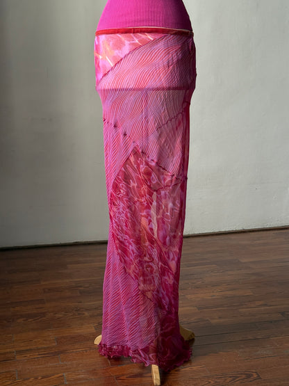 Blumarine 2000s Dark Fuchsia Ruffle Bralette Top & Just Cavalli Psychedelic Sheer Skirt