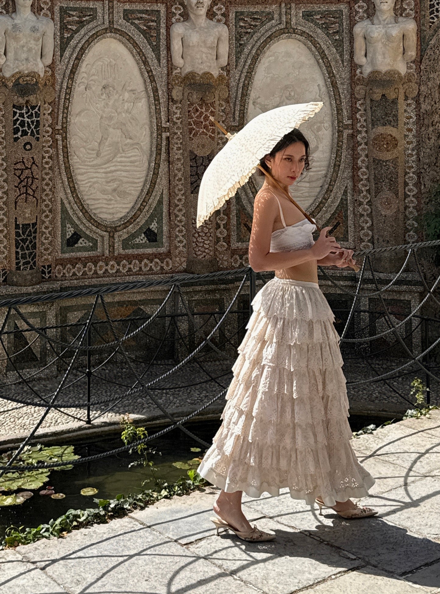 Dolce & Gabbana D&G 2006SS Embroidered Lace Bralette with Eyelet Details & 2000s Ruffle Tiered Skirt with Eyelet Details