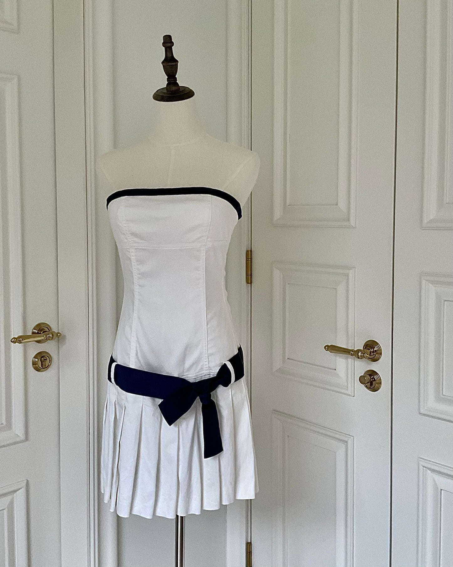 Valentino White Pleated Mini Dress with Blue Ribbon