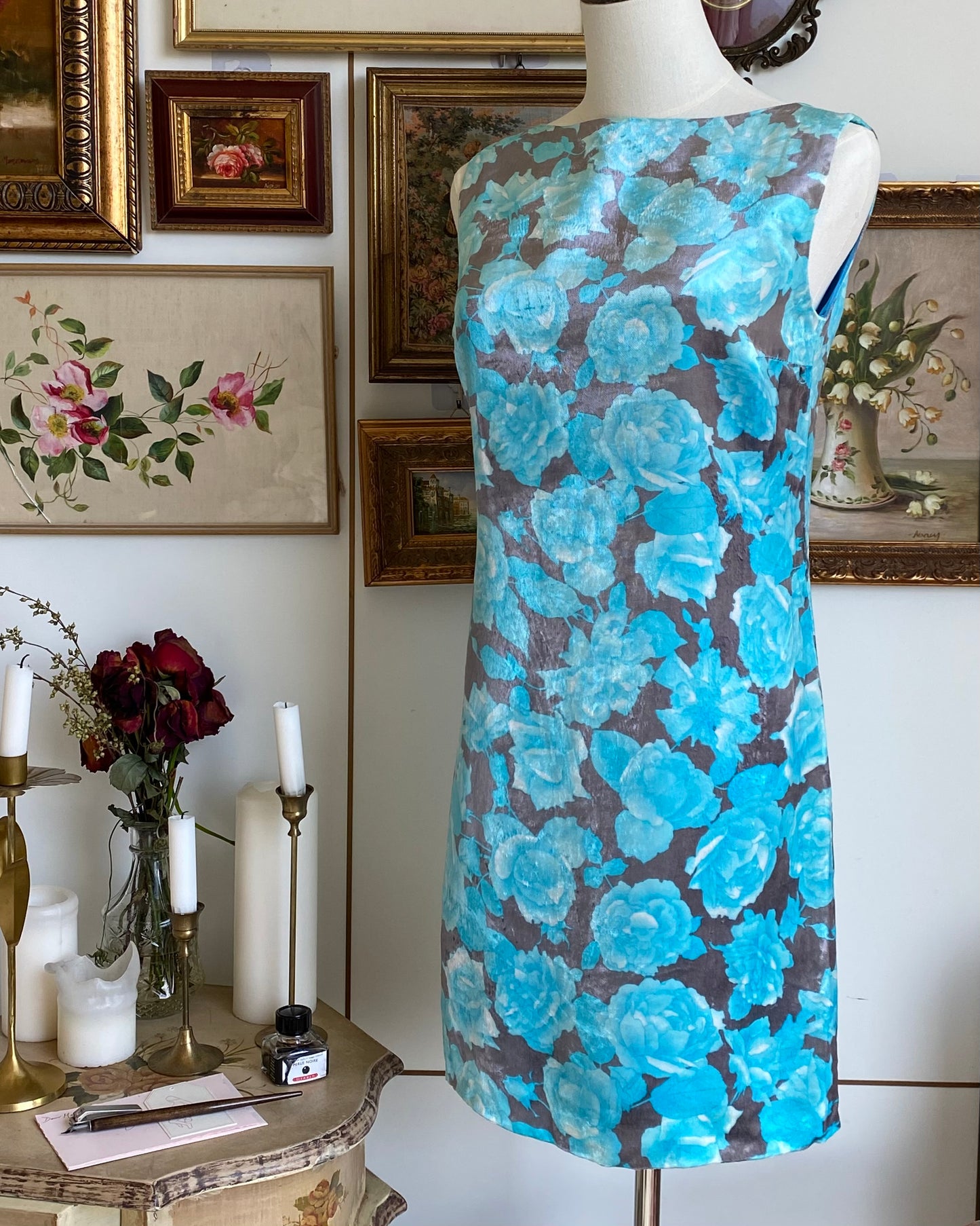 Blumarine Early 90s Blue Floral Velvet Dress