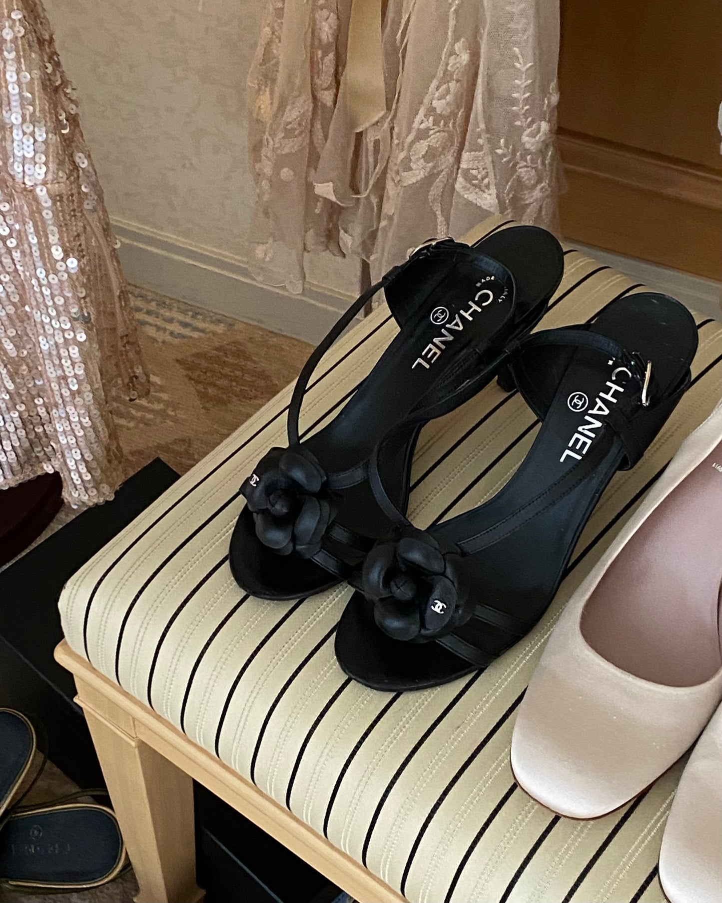 Chanel Black Camellia Heeled Sandals