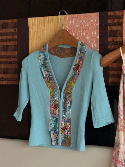 Blumarine 2003SS Sequinned Aquamarine Cardigan & Emanuel Ungaro early 2000s Japanese Floral Silk Skirt