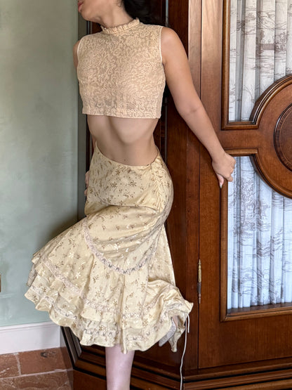 Ralph Lauren 2000s Satin Floral Lace Insert Skirt