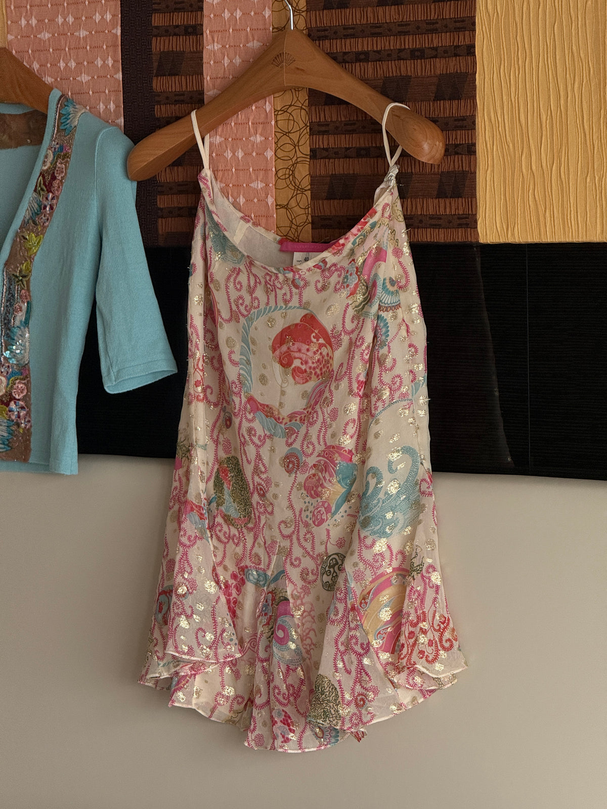 Blumarine 2003SS Sequinned Aquamarine Cardigan & Emanuel Ungaro early 2000s Japanese Floral Silk Skirt