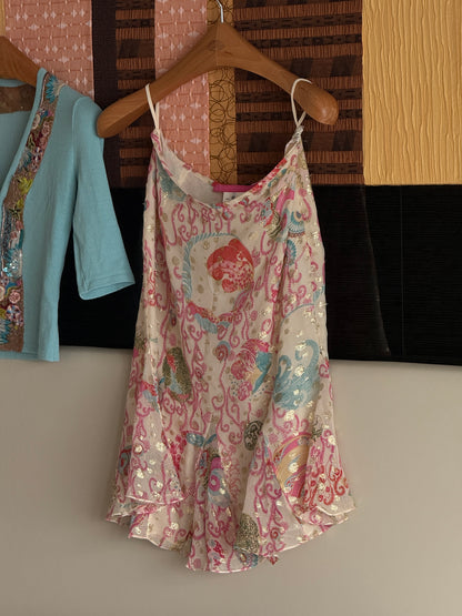 Blumarine 2003SS Sequinned Aquamarine Cardigan & Emanuel Ungaro early 2000s Japanese Floral Silk Skirt