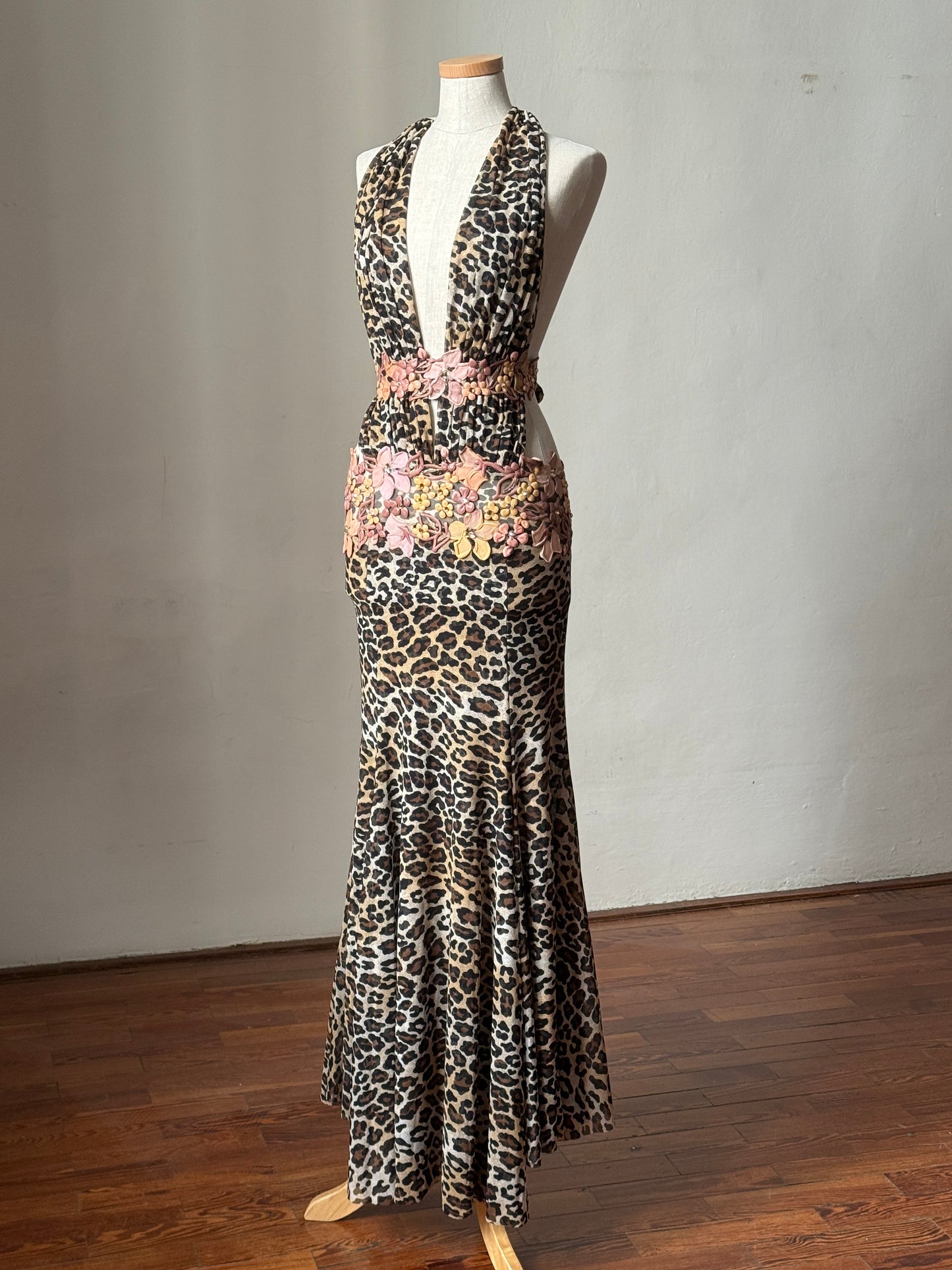 Ema Savahl Hand Painted Floral Appliqués Leopard Halter Neck Dress