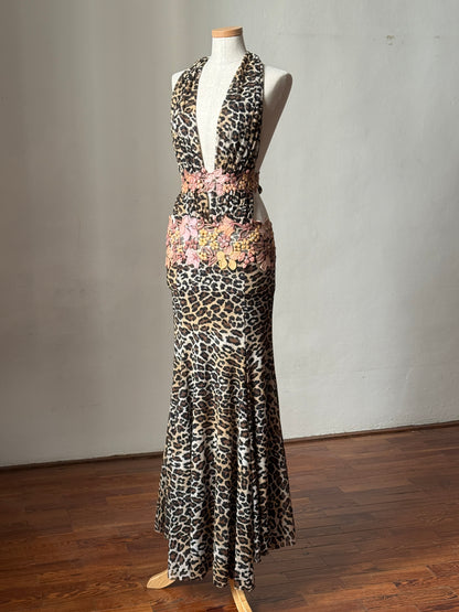 Ema Savahl Hand Painted Floral Appliqués Leopard Halter Neck Dress