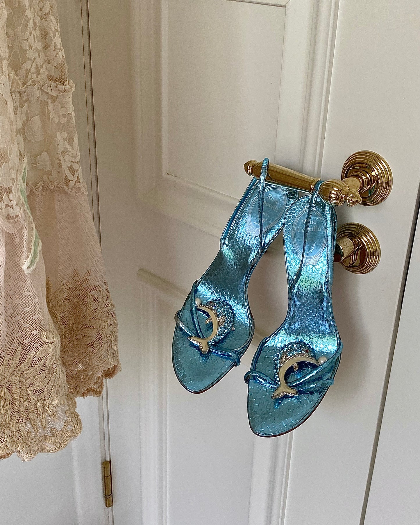 René Caovilla Blue Iridescent Dolphin Heels