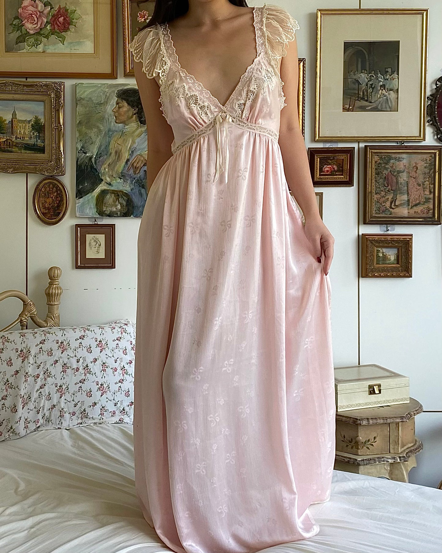 Christian Dior Pink Satin Slip with Ribbon and Rose Motifs