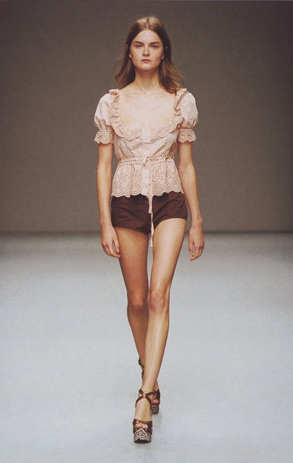 Miu Miu 2002SS White Puff-sleeved Ruffle Blouse & Brown Eyelet Skirt