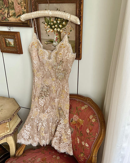 Vintage Beige Floral Lace Mini Dress with Sequins Appliqués