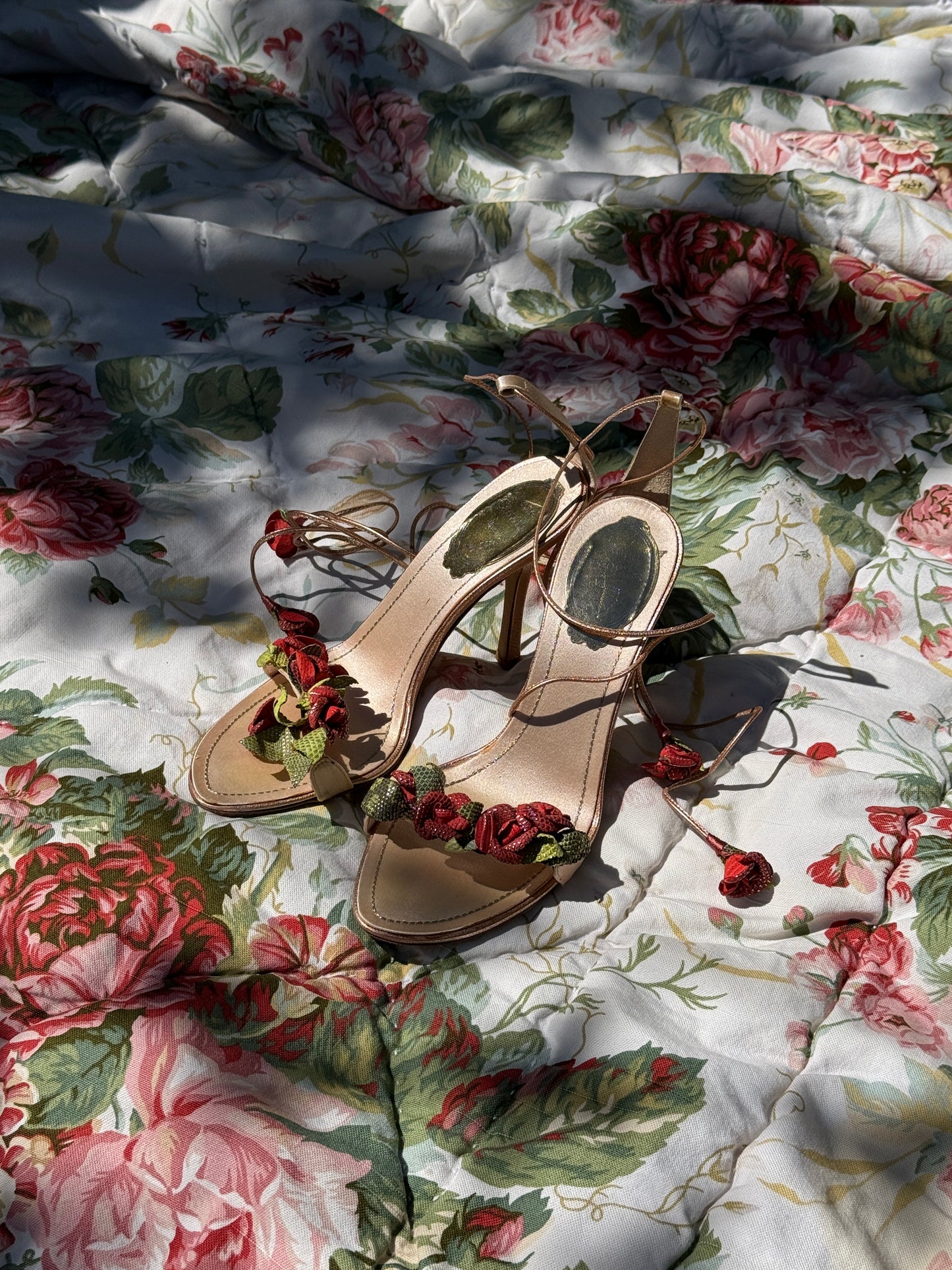 Rene Caovilla Rose Appliqué Lace Up Heeled Sandals
