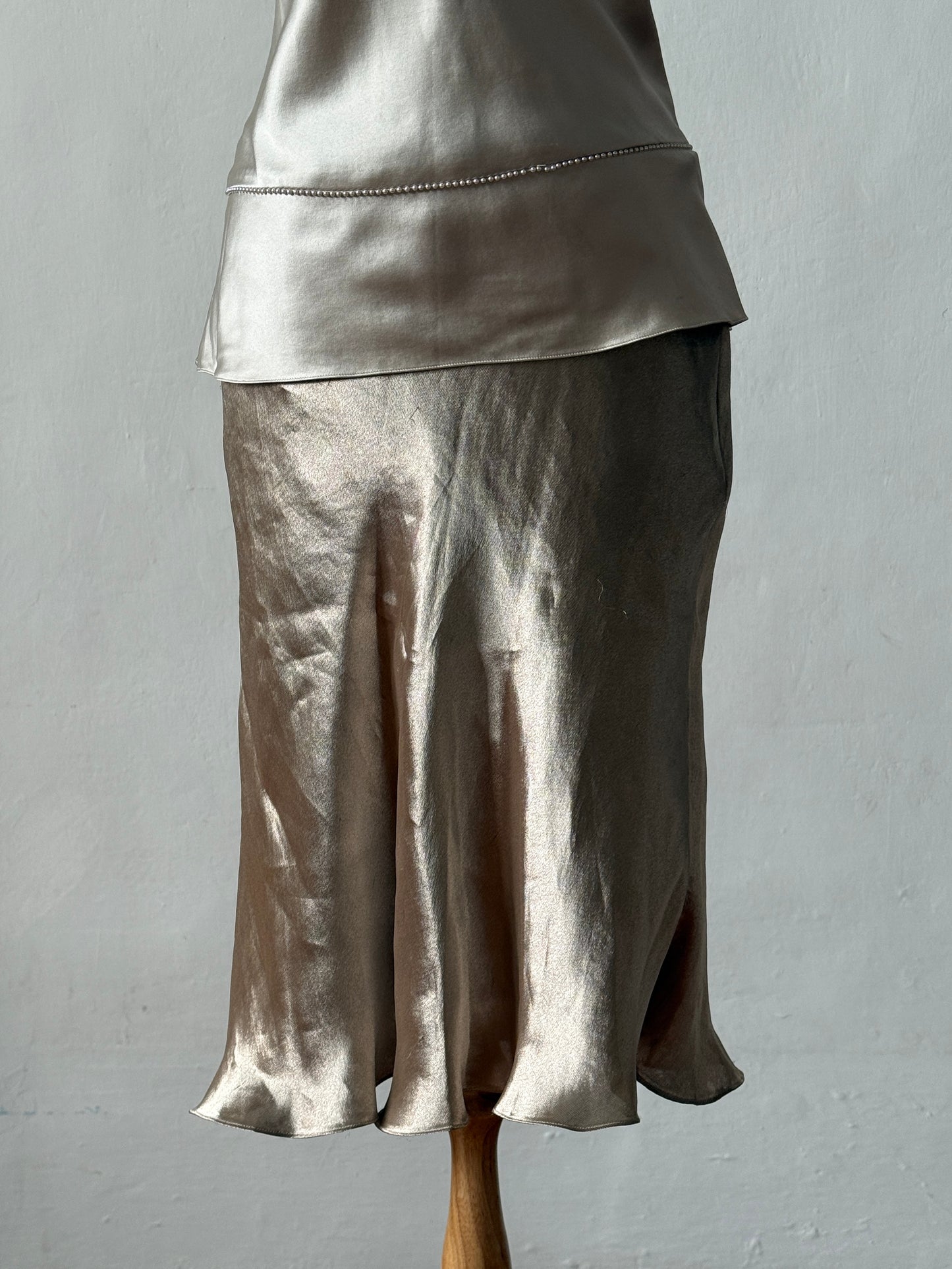 Ralph Lauren 1998SS Silver Cami with Pearls & 2000s Silver Silk Skirt