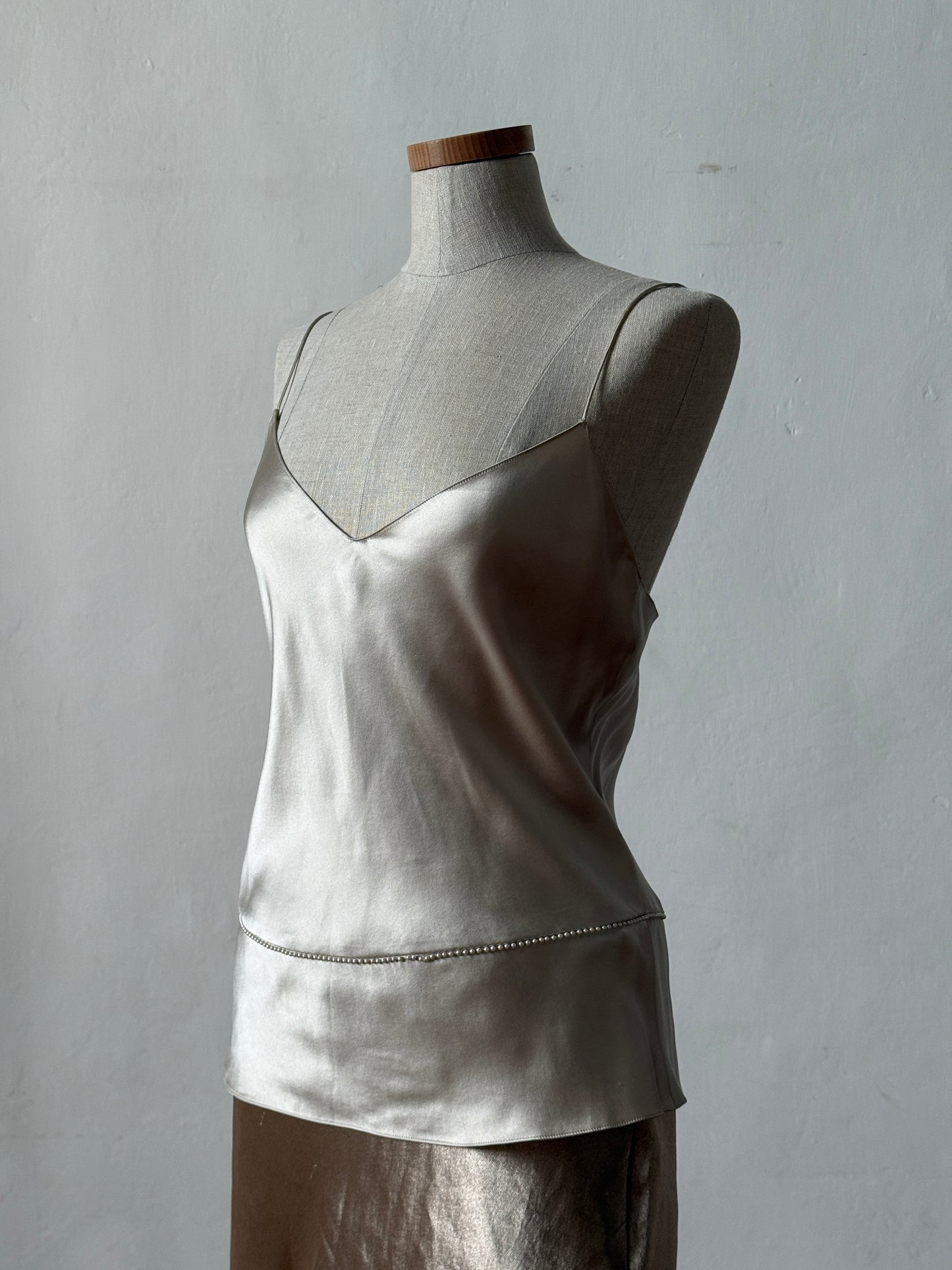 Ralph Lauren 1998SS Silver Cami with Pearls & 2000s Silver Silk Skirt