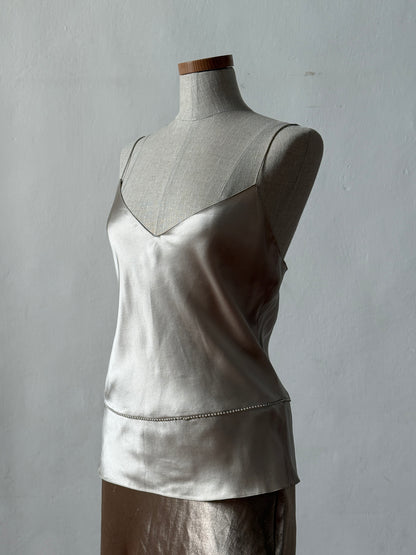 Ralph Lauren 1998SS Silver Cami with Pearls & 2000s Silver Silk Skirt