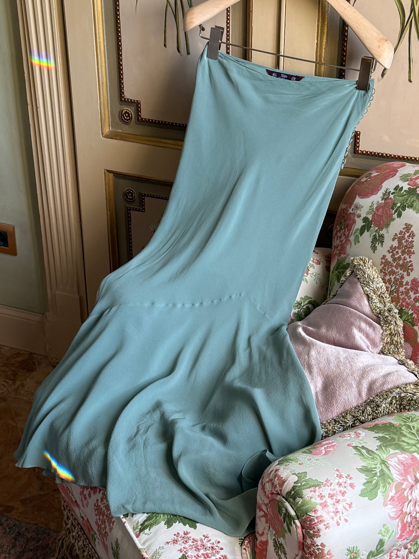 Emanuel Ungaro 2001SS Teal Pleated Open Back Top & John Galliano 2001SS Duck Egg Blue Silk Chiffon Asymmetrical Skirt