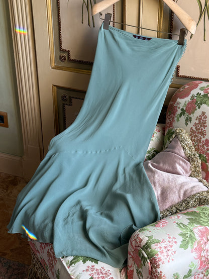 Emanuel Ungaro 2001SS Teal Pleated Open Back Top & John Galliano 2001SS Duck Egg Blue Silk Chiffon Asymmetrical Skirt
