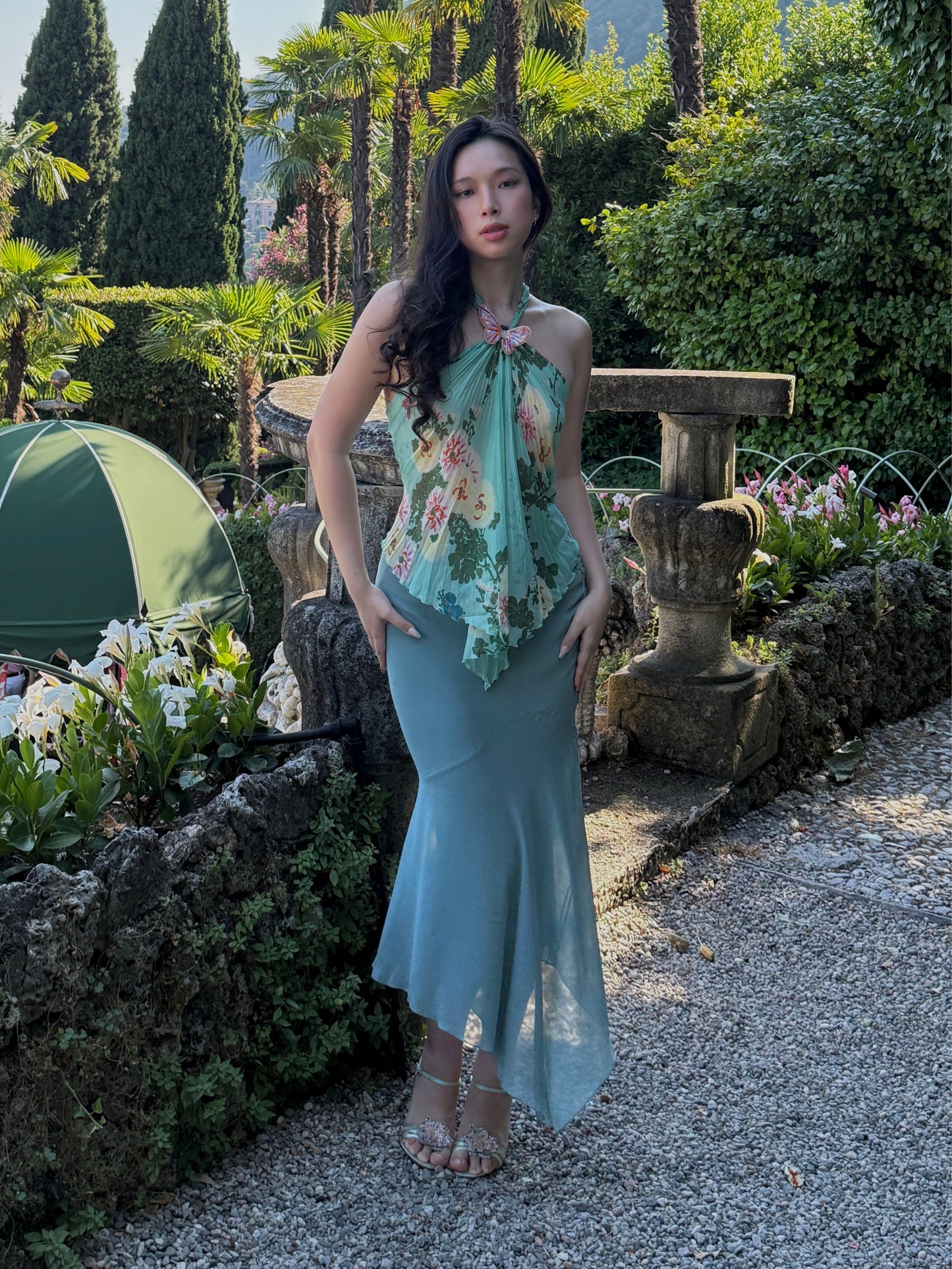 Emanuel Ungaro 2001SS Teal Pleated Open Back Top & John Galliano 2001SS Duck Egg Blue Silk Chiffon Asymmetrical Skirt