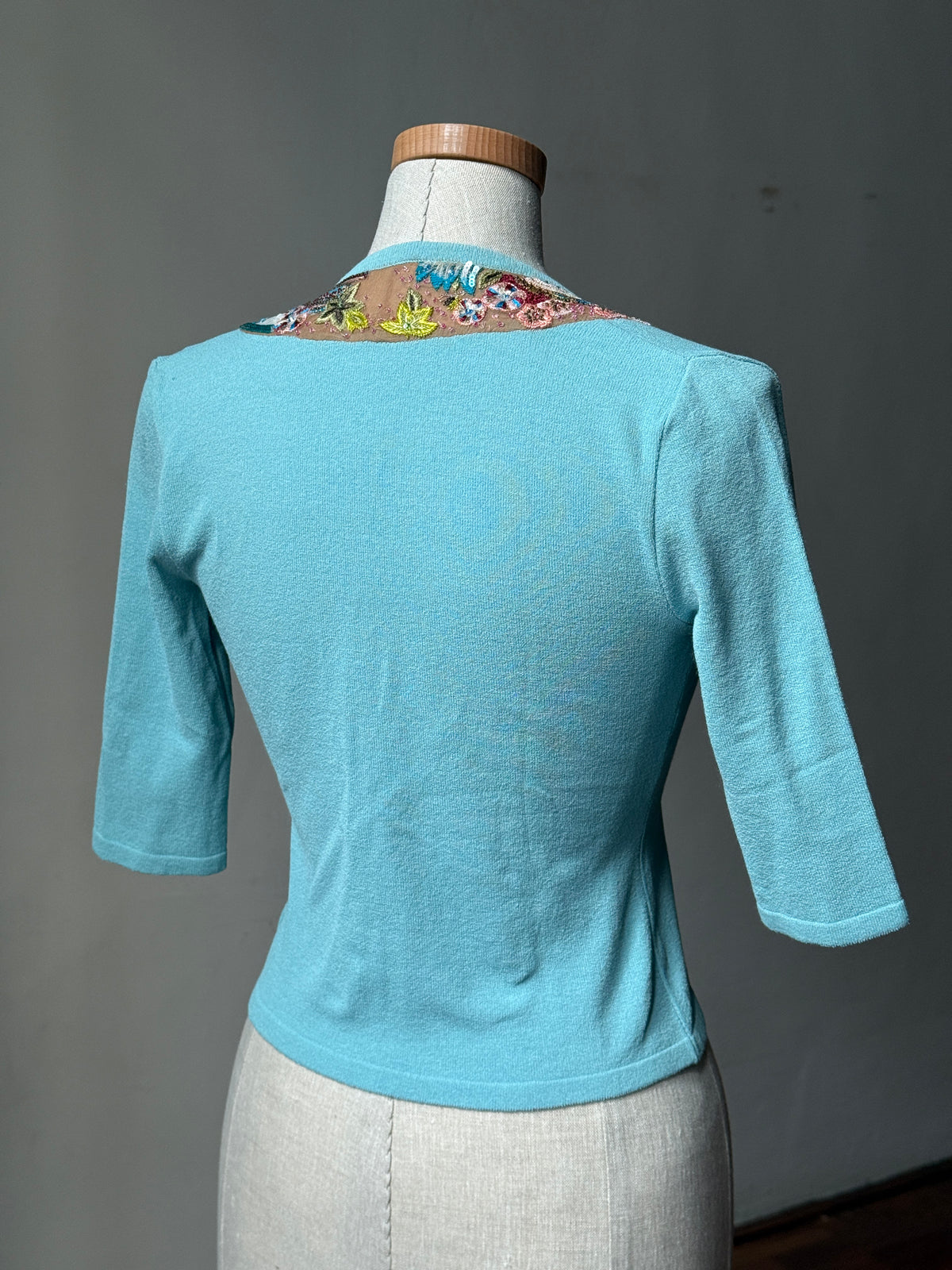 Blumarine 2003SS Sequinned Aquamarine Cardigan & Emanuel Ungaro early 2000s Japanese Floral Silk Skirt