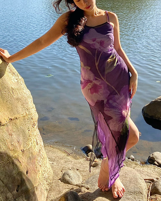 Vintage Italian Purple Floral Maxi Dress