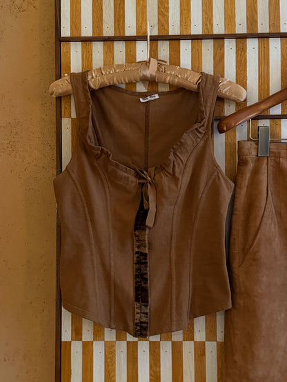 Miu Miu 2000s Light Brown Corset & Vintage Fur Trimmed Suede Skirt