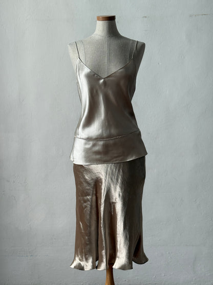 Ralph Lauren 1998SS Silver Cami with Pearls & 2000s Silver Silk Skirt